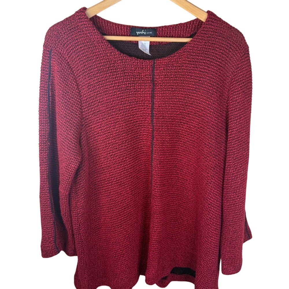 Yushi Yo-shi Red Knit Sweater Top 3/4 Sleeve Textured Cotton Blend XL‎ USA Made